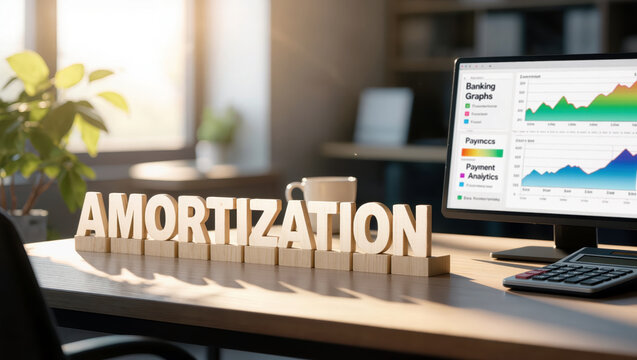Loan amortization dashboard with AMORTIZATION letters for mortgage repayment schedule, interest calculation, debt planning and financial reporting.