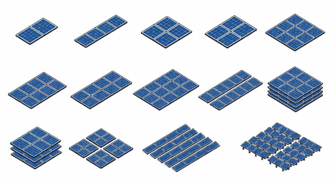 Isometric view of multiple solar panels arranged in rows.