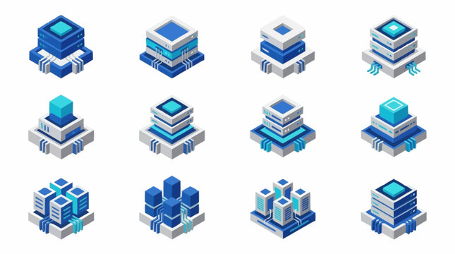Isometric Blue Building Blocks Collection.