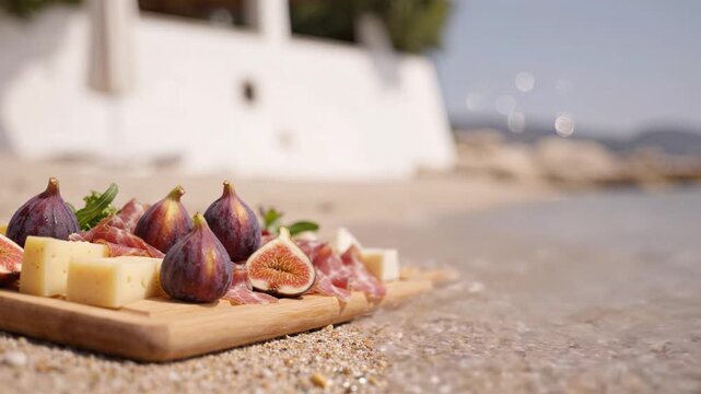 A Beautiful Beach Picnic with Fresh Figs, Cheese, and Salami on a Wooden Board by the Shore, Inviting a Relaxing Summer Vibe and Scenic Views