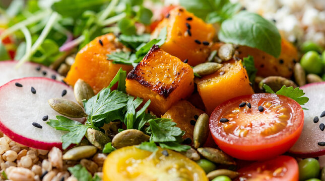 Roasted vegetable salad with quinoa and seeds
