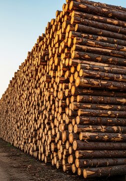 Massive stack of freshly harvested timber logs ready for transportation and industrial processing, representing the substantial forest yield, lumber, quantity, natural