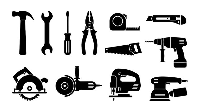 Black silhouette set of hand and power tool icons
