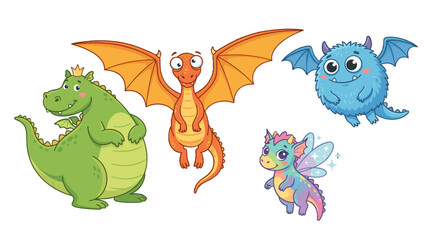 Naklejka premium Cute cartoon fantasy creatures set with dragon and monster