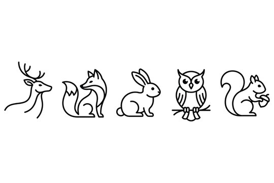 Simple line art illustrations of forest animals sitting and standing