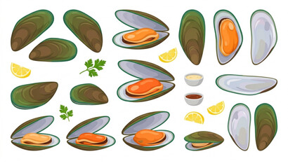 Fresh Green Shell Mussel Collection Vector EPS 10 Illustration Seafood Isolated on White © Joy