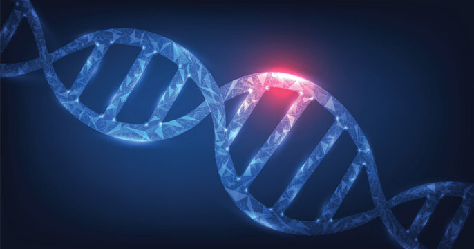 Destroyed code human genome concept.Human blue 3d dna structure with helix destroyed. genetic mutation, DNA damage.