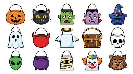 Naklejka premium Halloween trick or treat bucket icons set in cartoon vector style
