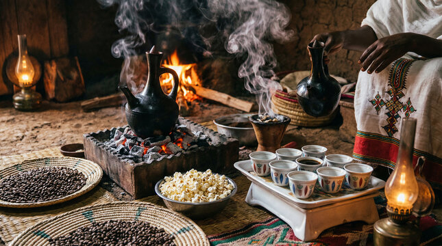 Ethiopian Coffee Ceremony with Beans, Popcorn, and Incense by Fire