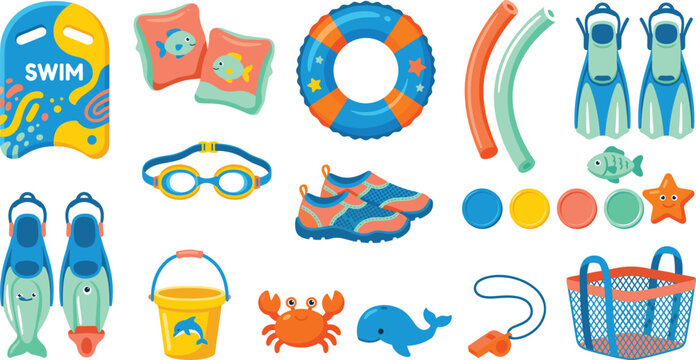 Kids Swimming Lessons and Pool Toys Vector Icon Set Featuring Kickboard Inflatable Floaties Flippers Water Shoes Bucket and Mesh Bag
