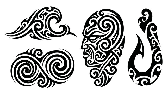 Set of black tribal ornamental symbols and decorative motifs