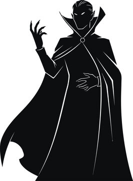 Mysterious vampire or sorcerer silhouette in a long cape and high collar with sorcerer silhouette mysterious halloween character supernatural magician