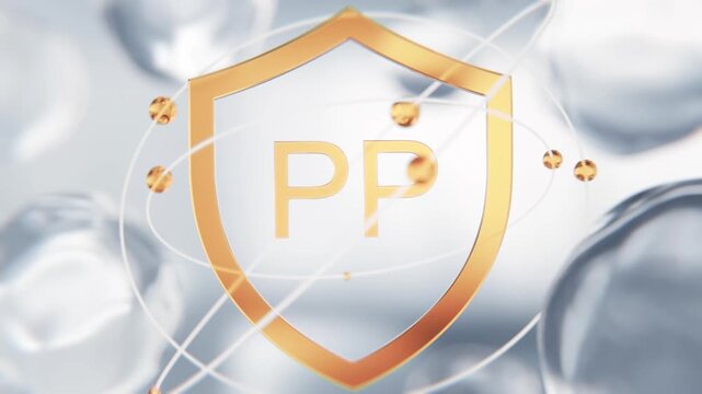 Nicotinamide Vitamin PP golden shield symbol in 3D animation. Niacinamide cellular metabolism molecular structure background with transparent liquid cells for dermatology video