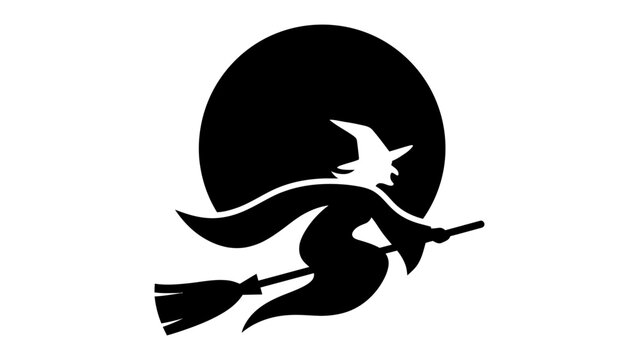 Halloween witch flying in front of full moon silhouette 