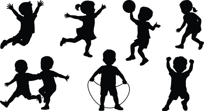 Silhouette children playing jumping running skipping rope holding ball crouching exploring childhood fun vector illustration for stock SEO content