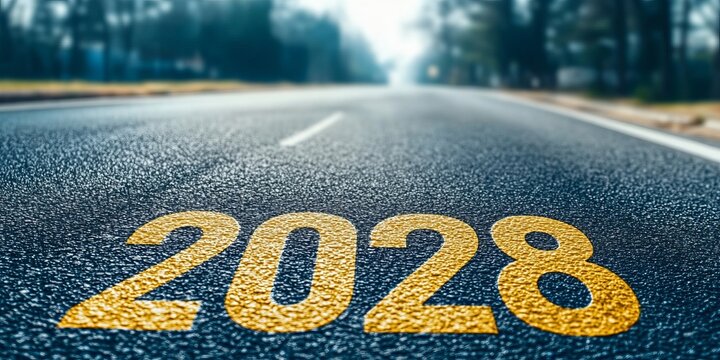 Road Heading Towards 2028 Future Concept With Yellow Text Painted On Empty Asphalt Asphault Ground