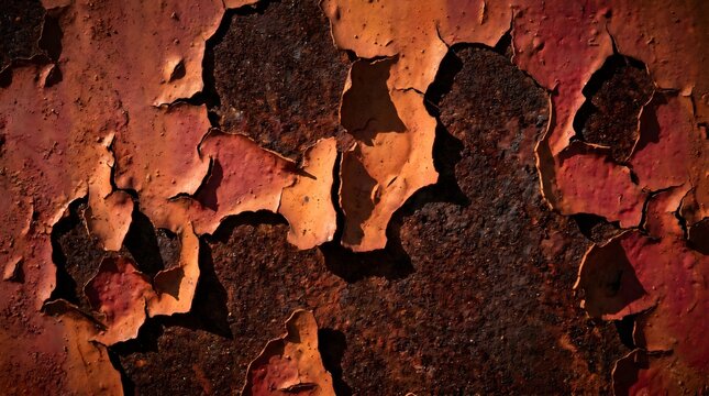 Abstract rusted metal background with cracked peeling orange paint and flaking red rust texture for grunge design