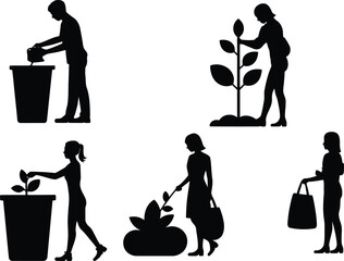Silhouette people gardening with plants watering pots and tools, nature care growth nurturing vector illustration design for eco lifestyle concept © anisur-creatives