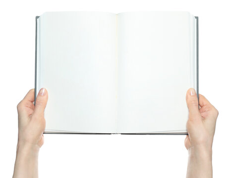 Hands holding an open book with blank pages, isolated on transparent background. Clean mockup template for publishing, education, reading, presentation and design projects