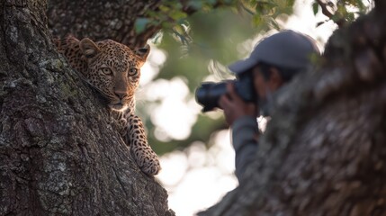 Obraz premium wildlife photographer capturing a leopard in savanna environment, both clearly visible in frame, rule of thirds composition, cinematic light, 8k realistic