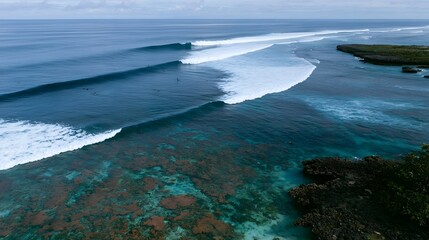 Fototapeta premium Surfers riding sparkling waves across a vibrant tropical coral reef creates an epic and unforgettable seascape