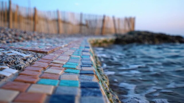 A serene coastal pathway adorned with colorful mosaic tiles, bordered by a gentle shoreline and a wooden fence, under the tranquil evening sky.