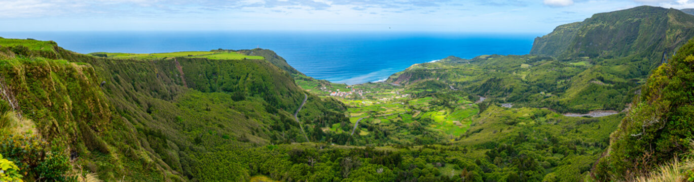 Mirante Craveiro Lopes overlooking Faj&atilde; Grande, panoramic image. Flores Island, Azores, Portugal.