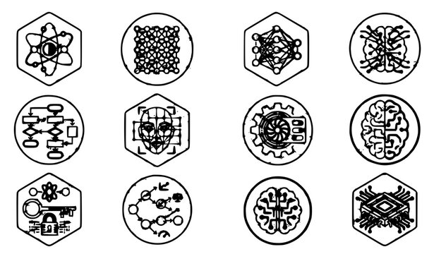 Quantum Computing Geometric Badge Vector Icons Abstract AI Algorithms and Machine Learning Symbols