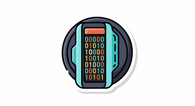 A digital illustration of a futuristic device with binary code on its screen