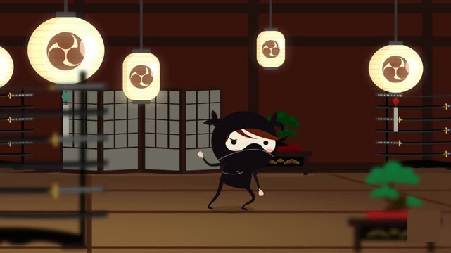 Animated Ninja Character Performing Martial Arts Stance in Dojo, 2D Japanese Samurai Warrior Combat Animation, Motion Graphic