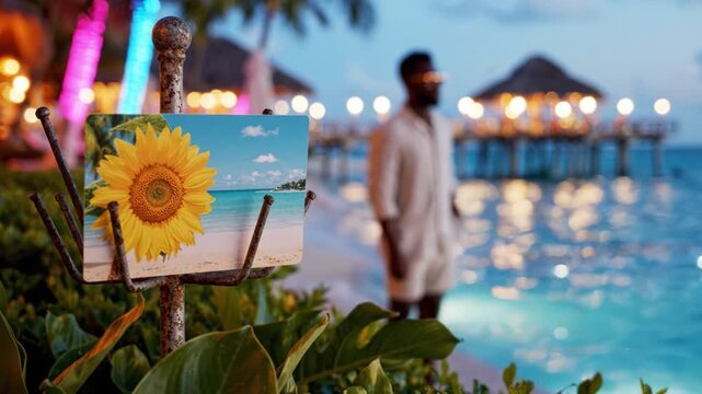 A tranquil beach scene showcasing a vibrant sunflower postcard beside a man gazing out at the shimmering waters and festive lights of a serene seaside location