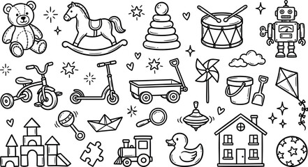 Fototapeta premium Baby and Children Vintage Toys Doodle Icon Set with Teddy Bear Rocking Horse Robot and Blocks Line Art Elements