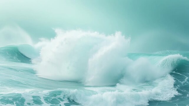 Stunning High Definition Cinematic Footage Capturing The Powerful Force Of Large Turquoise Ocean Waves Crashing And Breaking With Splashing White Sea Foam Against A Moody Atmospheric Blue Horizon Line