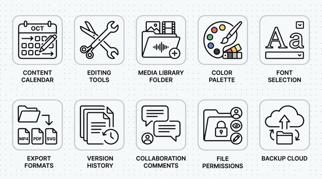 Icon pack for content creation workflow: content calendar, editing tools, media library folder, color palette, font selection, export formats, version history, collaboration and more vector icons.