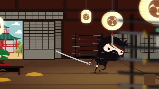 2D Animated Ninja Running with Sword in Dojo, Cartoon Martial Arts Character Action Scene, Japanese Samurai Motion Graphic