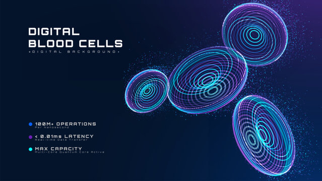 Abstract Digital Blood Cell Background With Smart Science Concept And Fast Dynamic Glow Neon Particle Ring Graphic Design, Bright Light Advance Cyber Medical Flow Technology. Vector Illustration.
