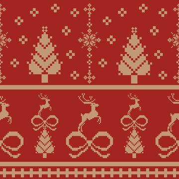 Seamless Red Christmas Nordic Knit Pattern with Reindeer, Christmas Trees and Snowflakes Background 