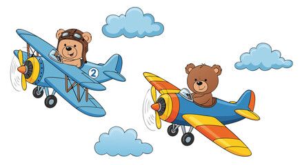 Adorable Teddy Bears Flying Airplanes Illustration Vector Design for Nursery Decor or Kids Activity Book Projects b © Purnomo Semlirick