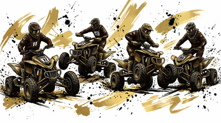 Four ATV Riders in Dynamic Action, Off-Road Racing with Gold and Black Splatter Background, Vector Illustration of Extreme Sports © Earengga
