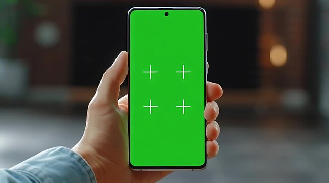 Hand holding green screen smartphone.
