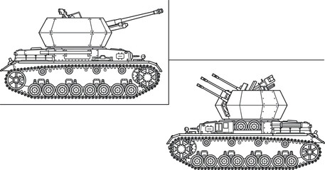 World War II German Flakpanzer Anti Aircraft Tank Blueprint Vector Set with Wirbelwind Military Vehicle Line Art Illustrations © Donal! 