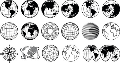 Planet Earth Globe Silhouette Icon Set with World Maps Projection Grids Navigation Compass and Global Geography Symbols © Donal! 