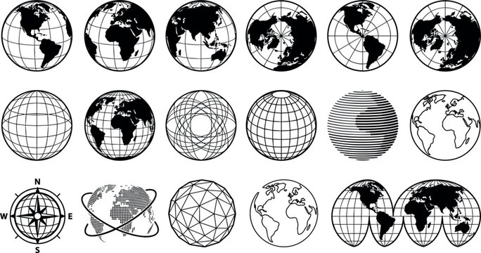 Planet Earth Globe Silhouette Icon Set with World Maps Projection Grids Navigation Compass and Global Geography Symbols