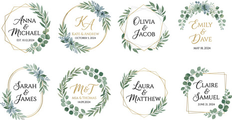 Elegant wedding monogram collection with golden geometric frames and watercolor botanical eucalyptus wreaths © Smith