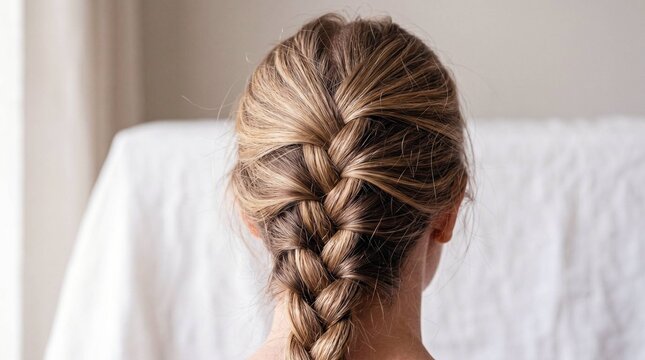 Close Up Back View of Woman with Elegant French Braid Hairstyle on Light Background