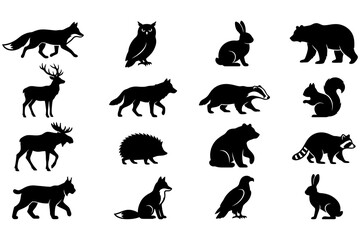 Obraz premium Black and White Silhouette Illustrations of Various Forest Animals