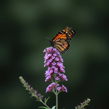 A vibrant monarch butterfly rests delicately on a cluster of purple blossoms, capturing the essence of summer wildlife and natural beauty, garden, lavender, peaceful