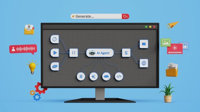 AI Agent Workflow. Autonomous Workflow, AI Automation, Multi Agent System, Enterprise Digital Transformation. AI Agent Controlling Business Process Workflow Dashboard on Computer. 3D Video Animation