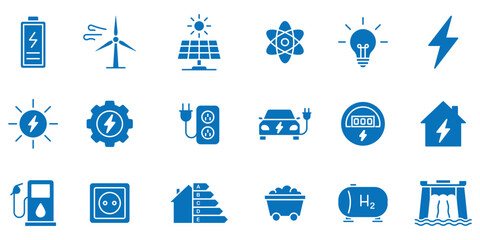 Fototapeta premium Energy efficiency solid set, renewable power generation icons, solar panel wind turbine battery electric car, sustainable ecological environment alternative source grid industry.