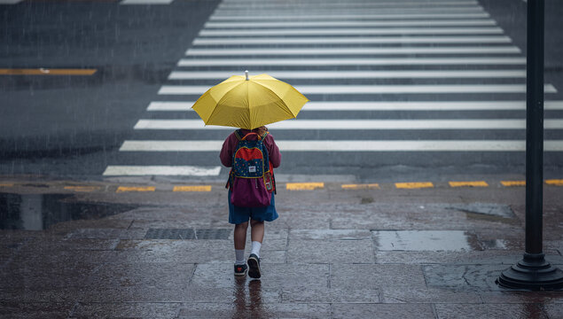 雨の朝に黄色い傘を差して通学する日本人の小学生